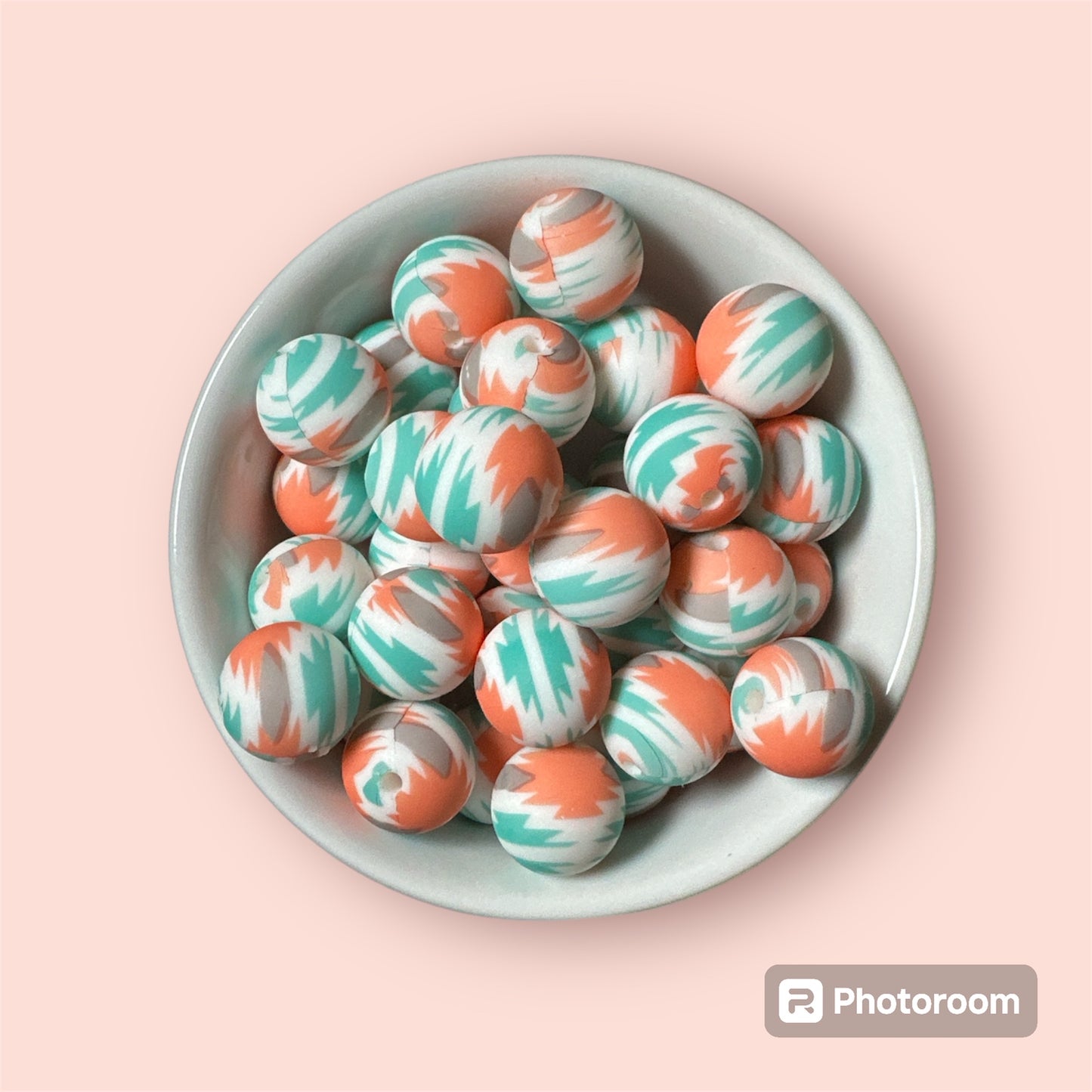 Teal Peach Aztec 15mm Silicone Bead