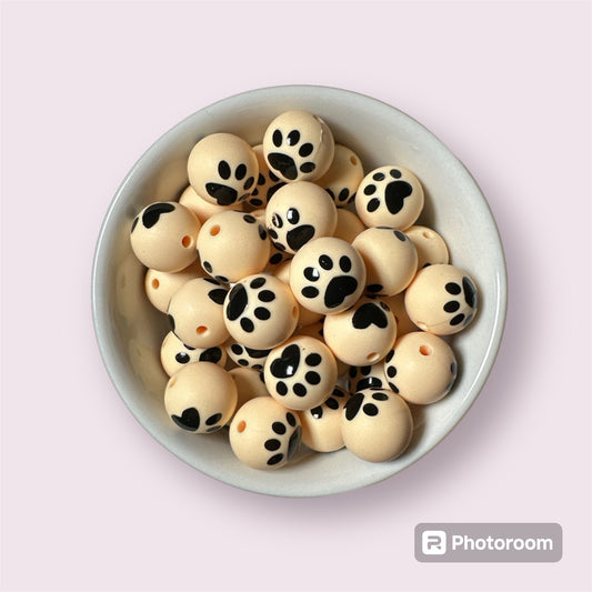 Creme Colored Dog Cat Paw Print 15mm Silicone Bead