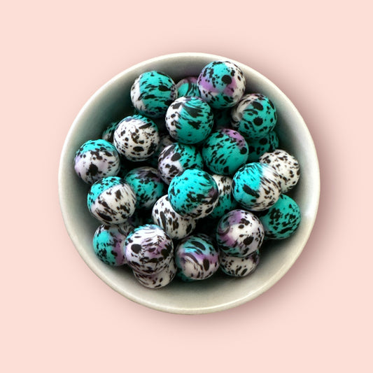 White, Teal, Purple Leopard Print 15mm Silicone Bead